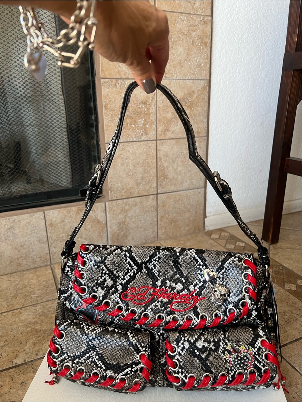 Ed Hardy Black & Gray Snakeskin-Print Shoulder Bag with Red Trim